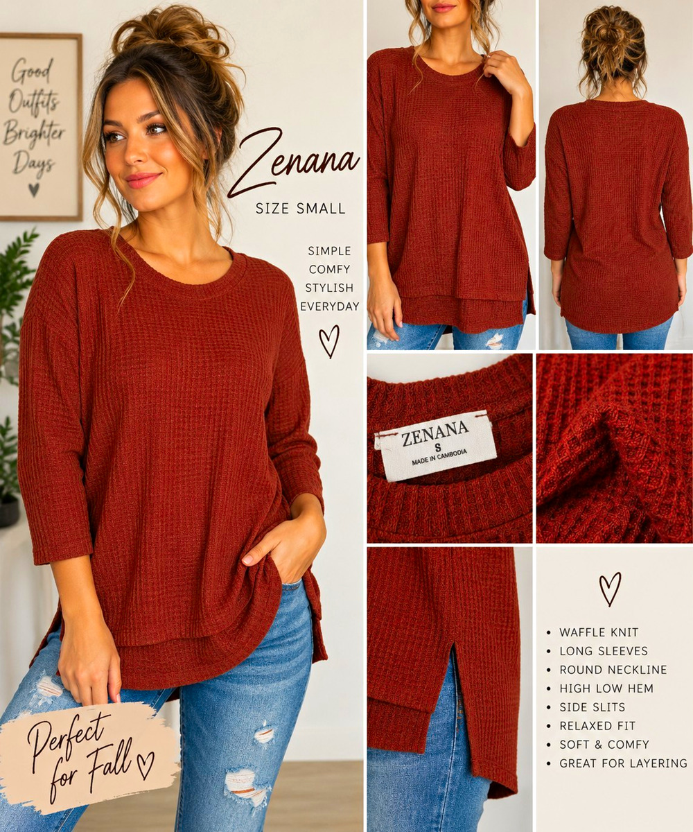 Zenana Women’s Size S Brown Waffle-Knit Relaxed Fit Pullover Sweater Round Neck